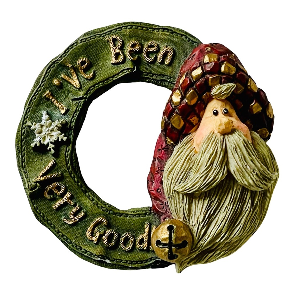 Vintage Boyds Bears Resin Santa Wreath Folk Art Brooch “I’ve Been Very Good”
